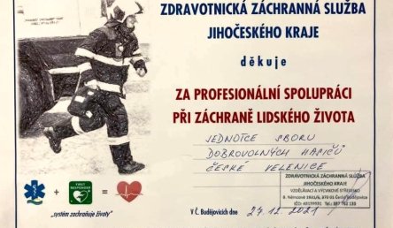 Poděkování first responderům JSDH Č. Velenice
